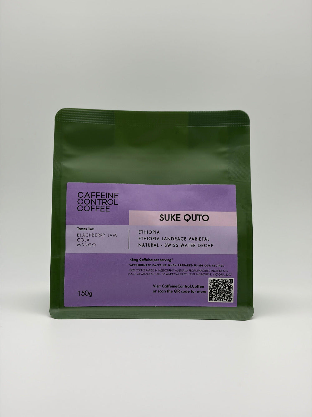 Coffee package with a purple label on a white background