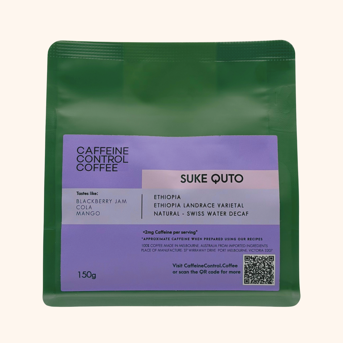 Green coffee package with purple label on a white background