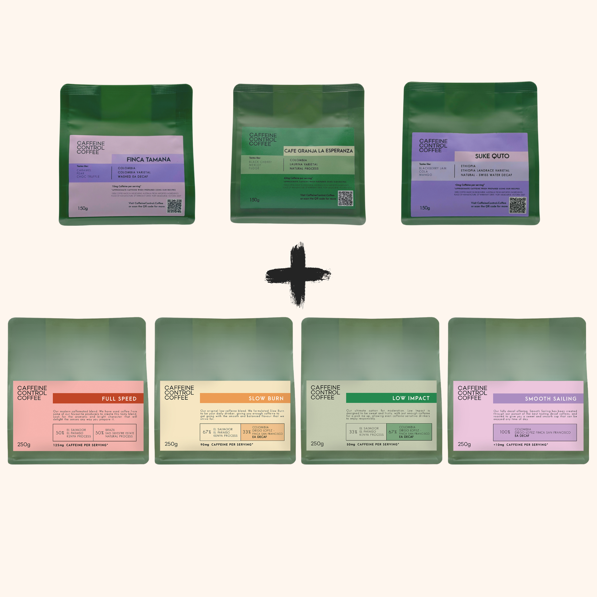 Bundle of green Caffeine Control Coffee packages with labels on a white background