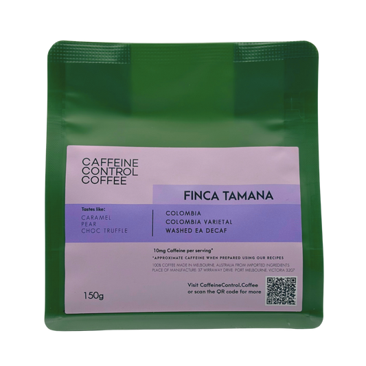 Green coffee package with purple label featuring 'Caffeine Control Coffee' branding