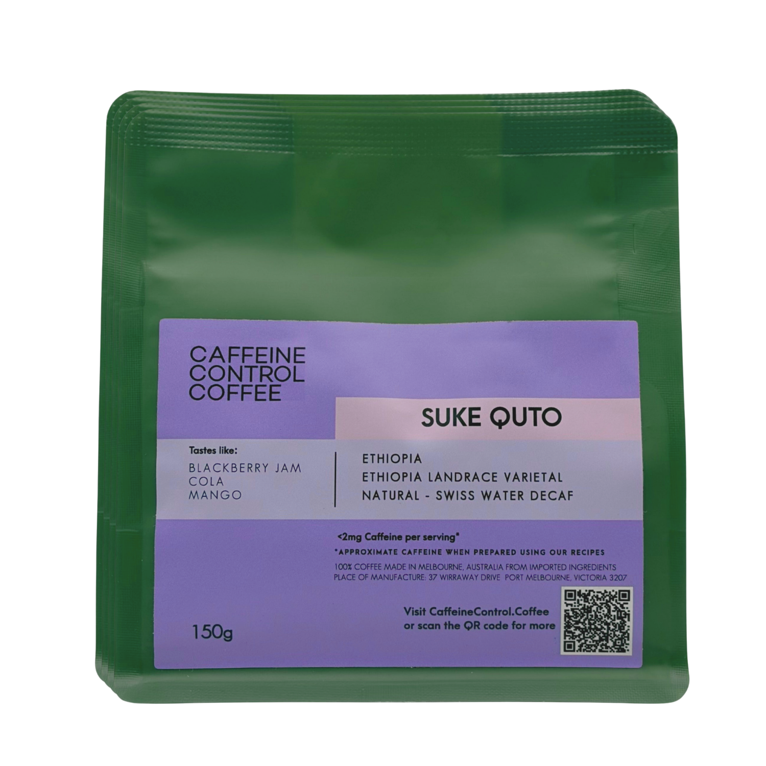 Green coffee package with purple label 