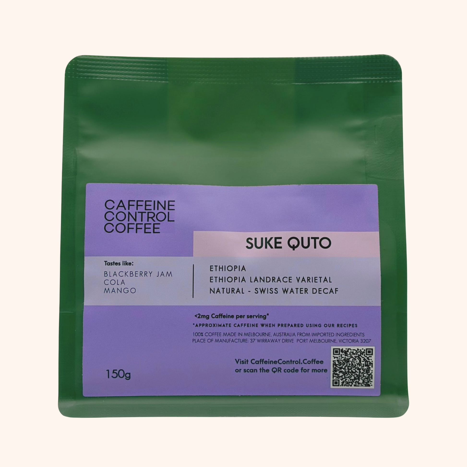 Green coffee package with purple label on a white background