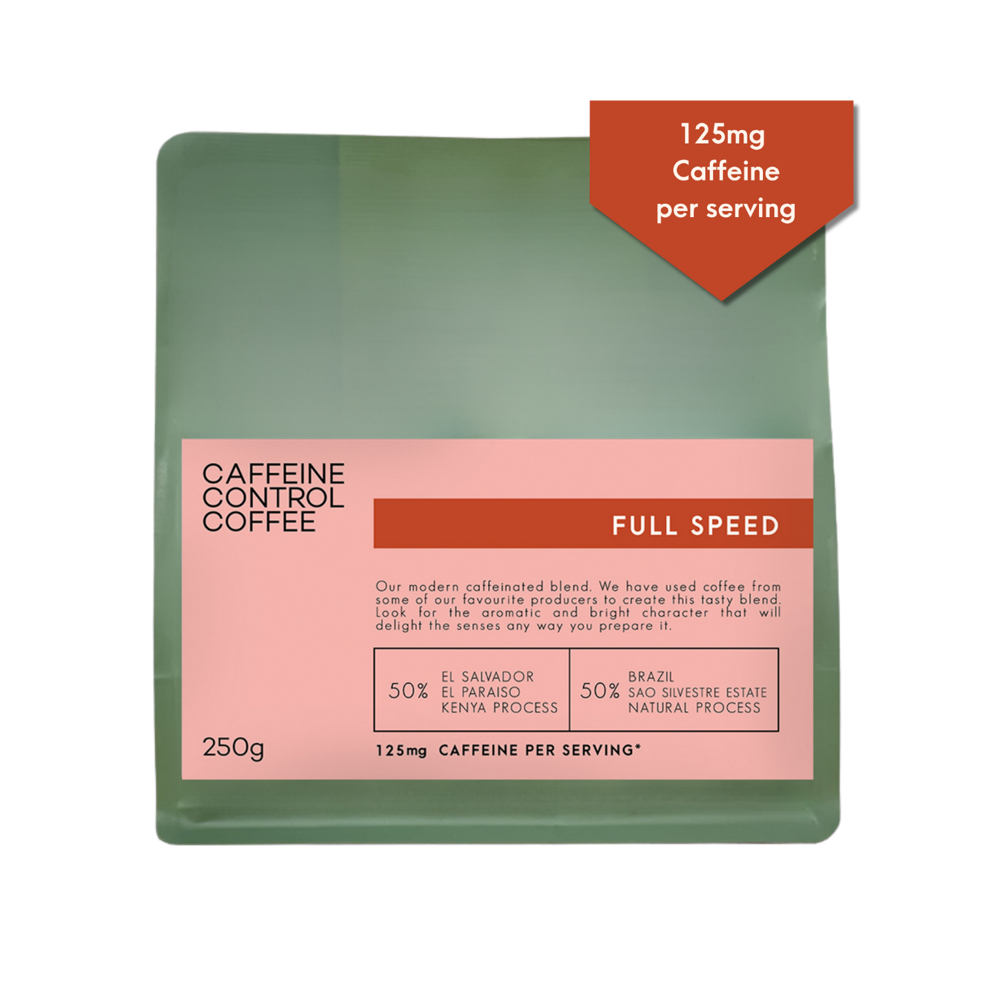 Caffeine Control Coffee package with green and pink design