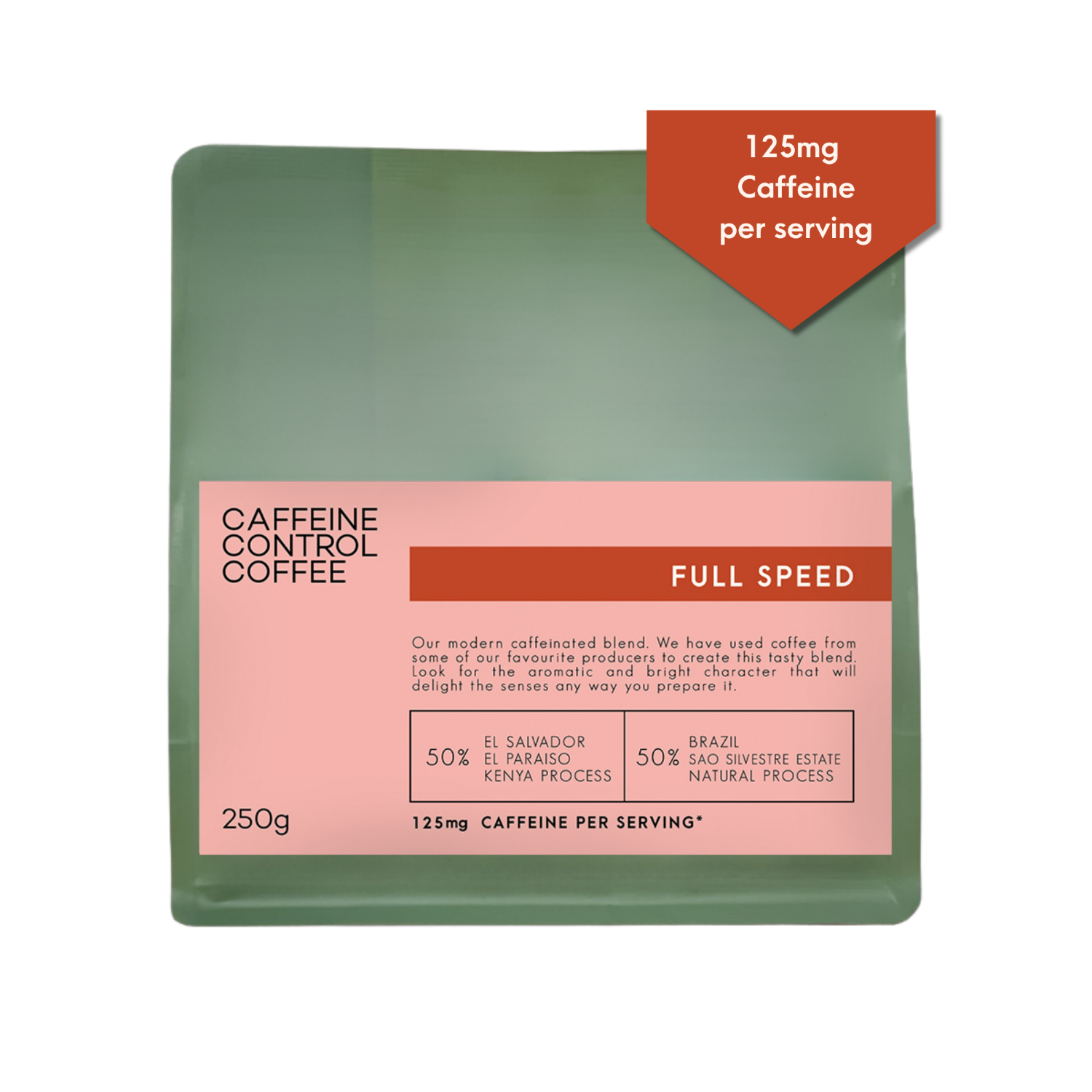 Caffeine Control Coffee package with green and pink design