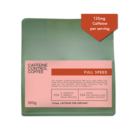 Caffeine Control Coffee package with green and pink design