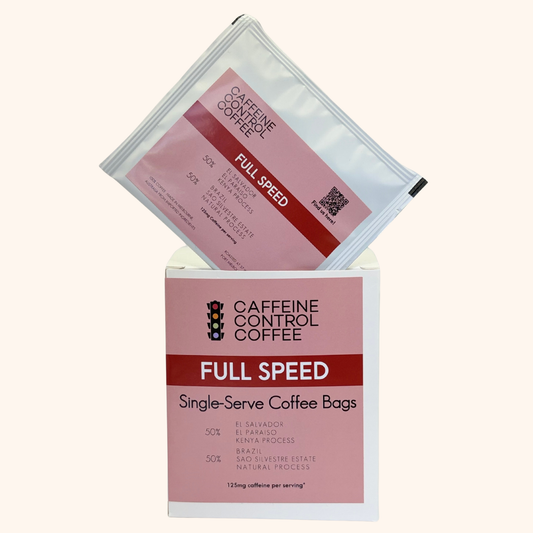 Caffeine Control Coffee Full Speed single-serve coffee bags with packaging on a white background
