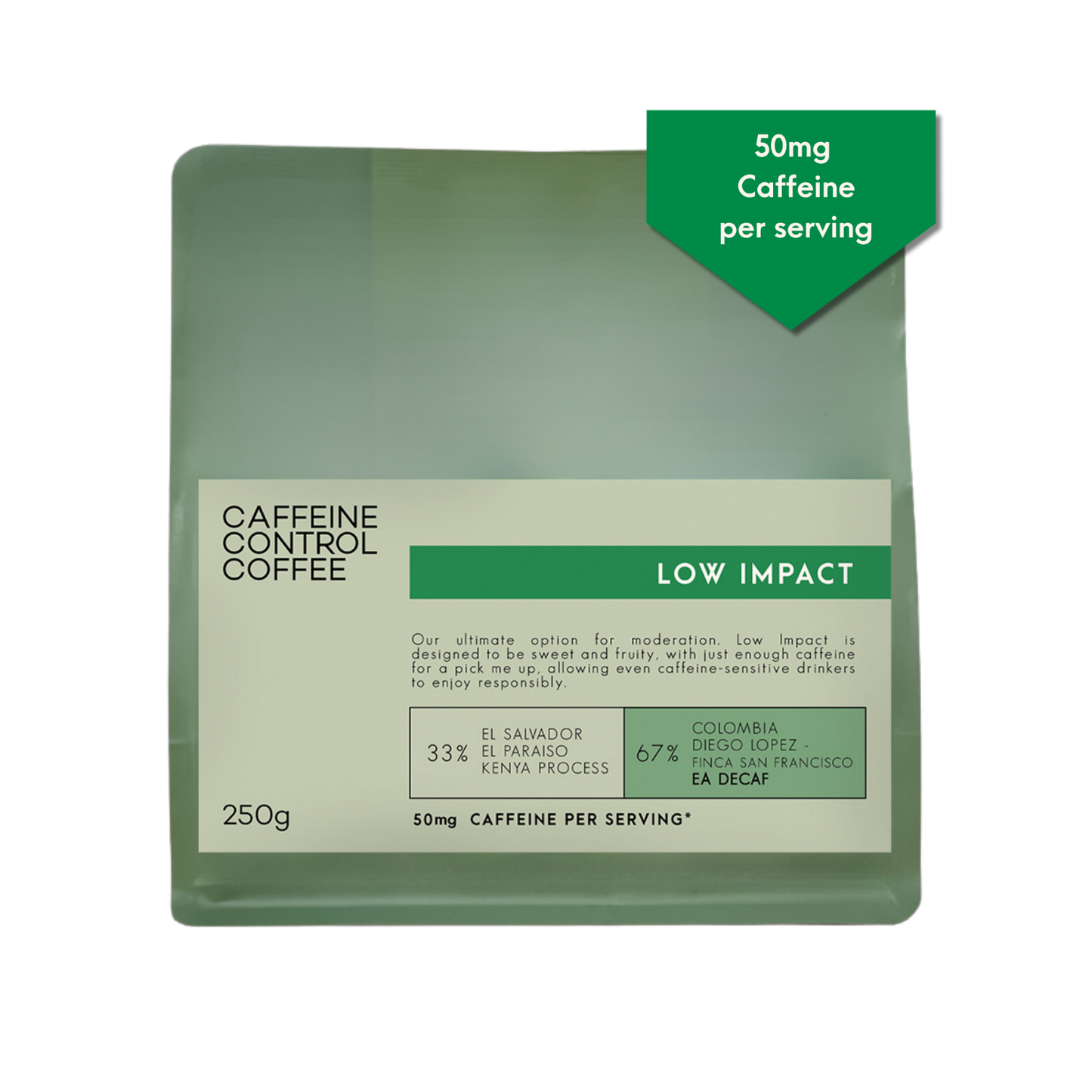 Caffeine control coffee package with green and beige design