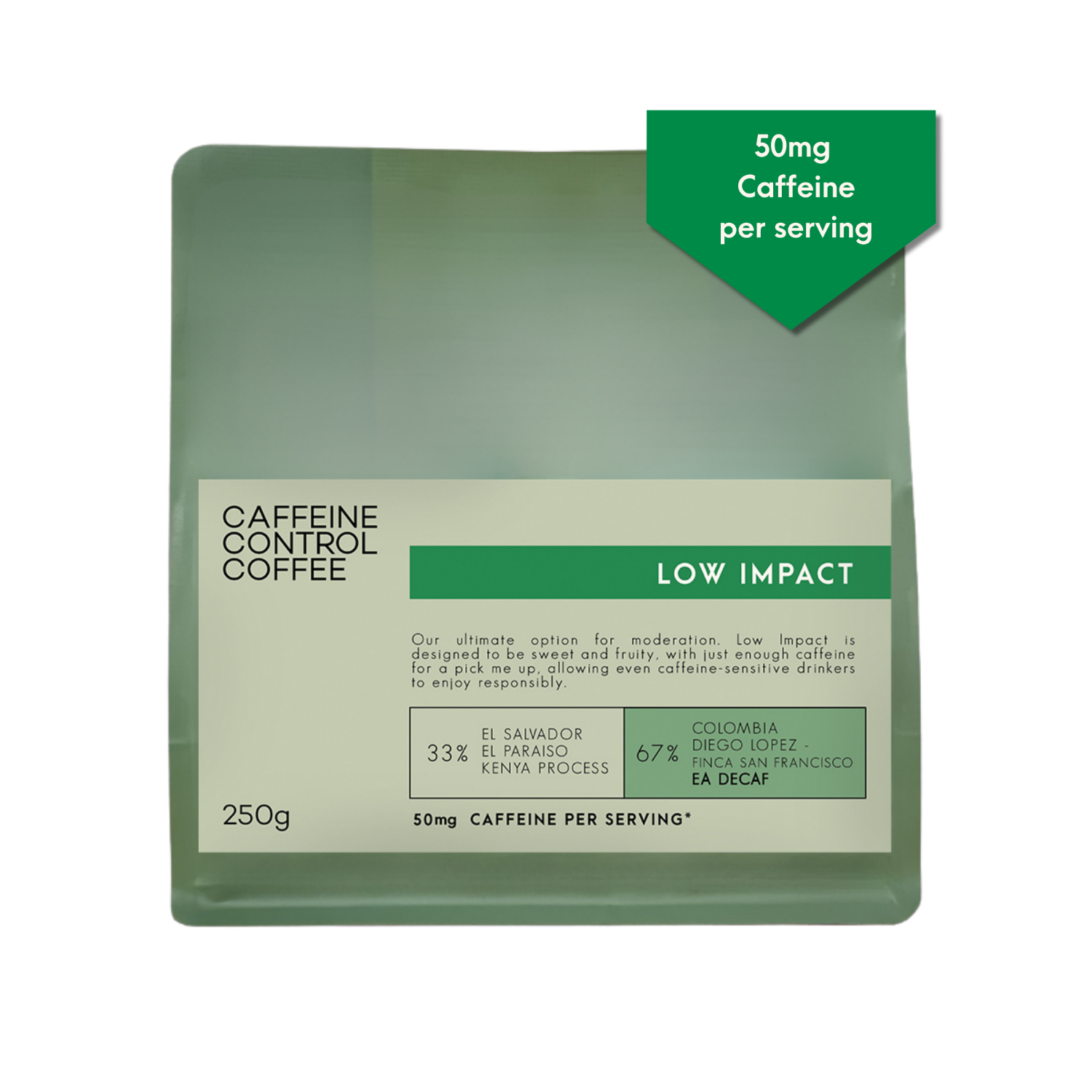 Caffeine control coffee package with green and beige design