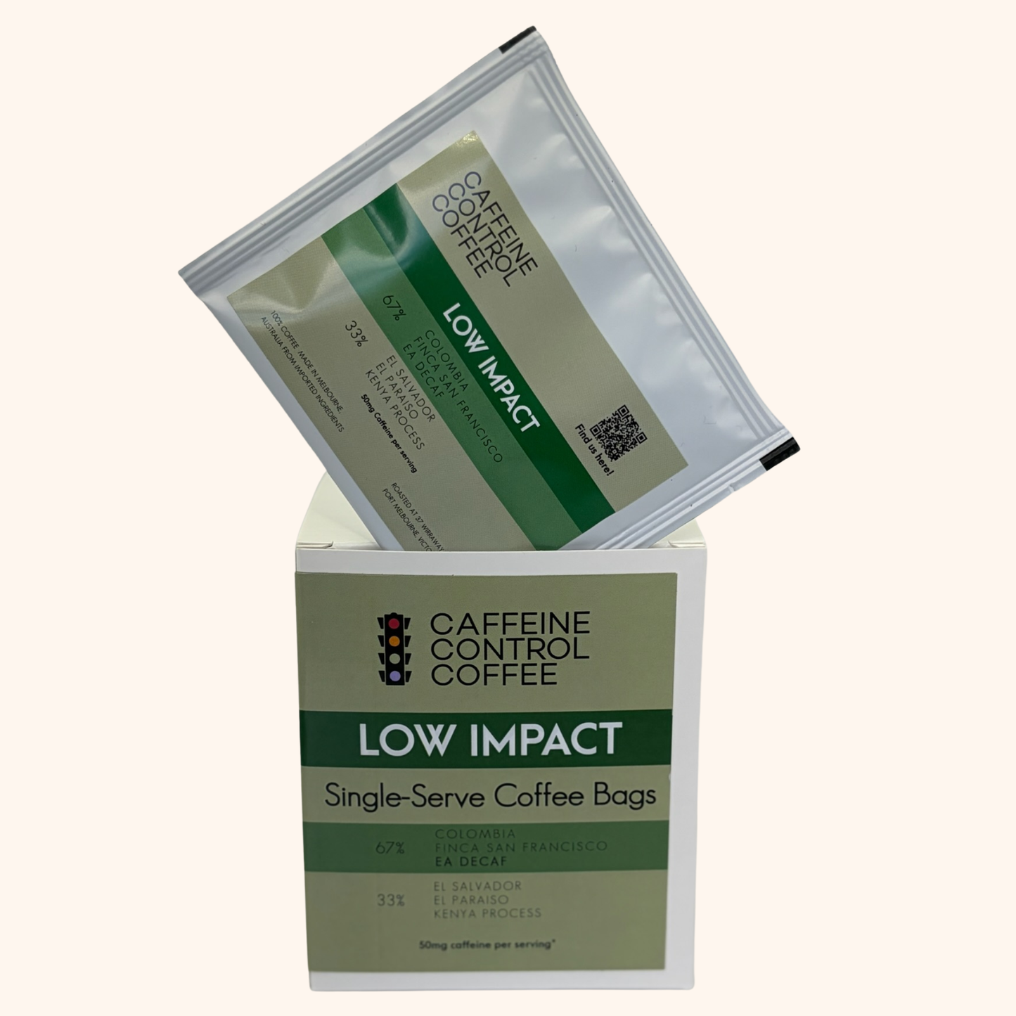 Caffeine Control Coffee Low Impact single-serve coffee bags with packaging on a white background