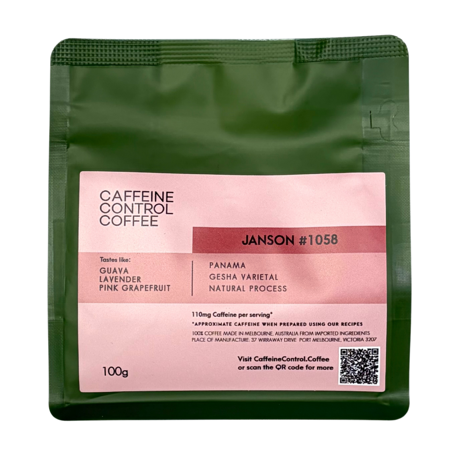 Caffeine Control Coffee package with pink label on a white background