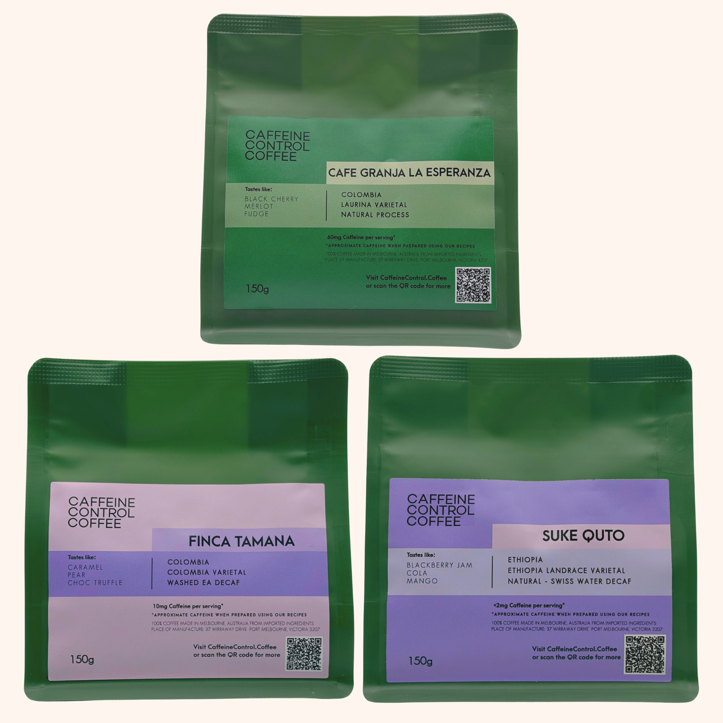 Three green single origin coffee packages with Caffeine Control Coffee labels on a white background