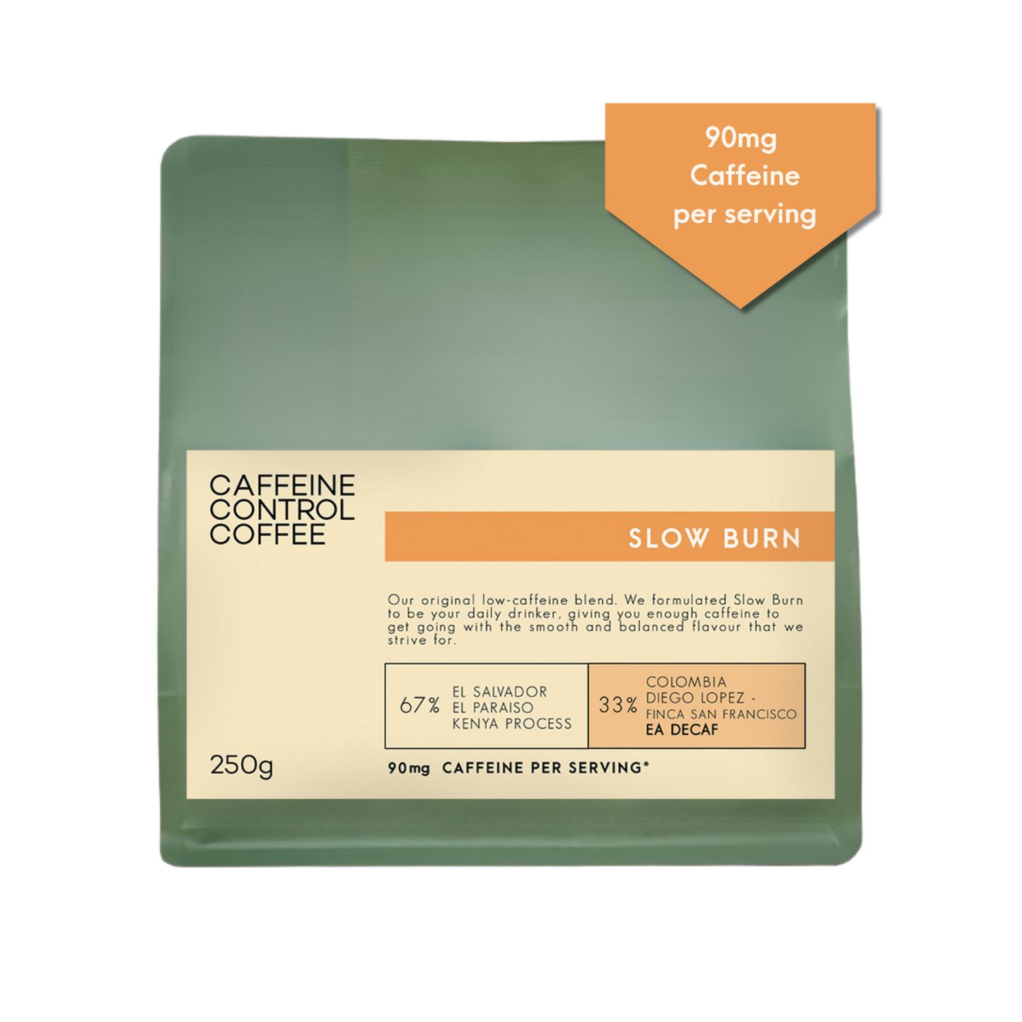 Caffeine Control Coffee package with green and beige design 