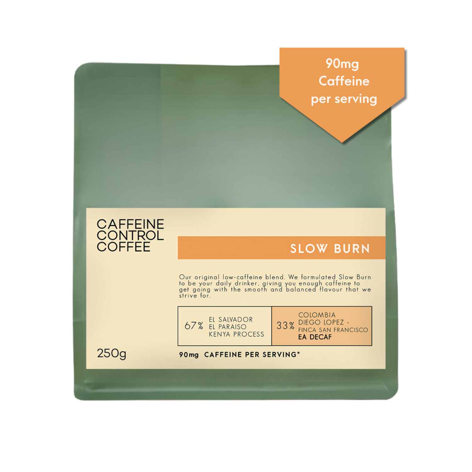 Caffeine Control Coffee package with green and beige design 