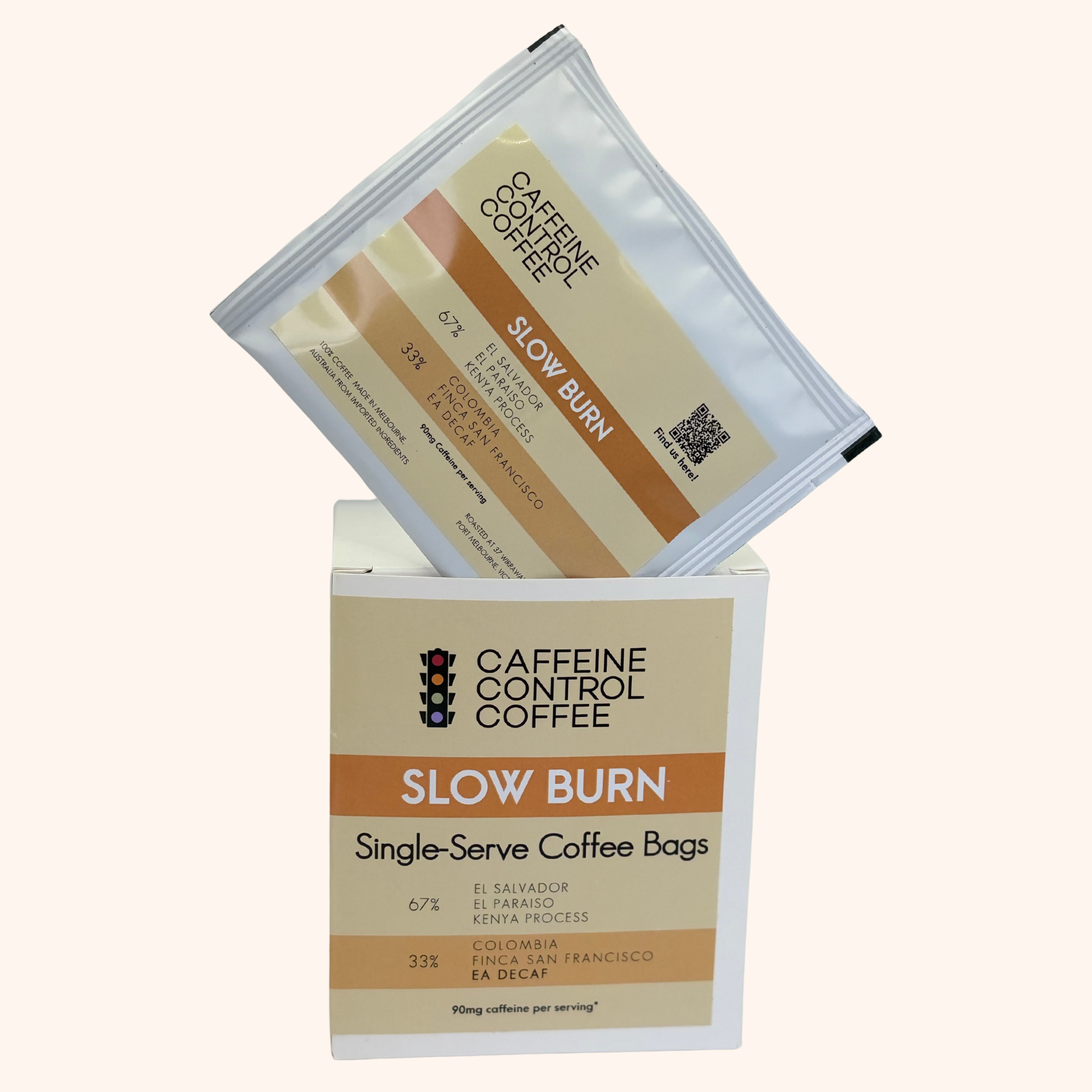 Caffeine Control Coffee Slow Burn single-serve coffee bags in a box on a white background