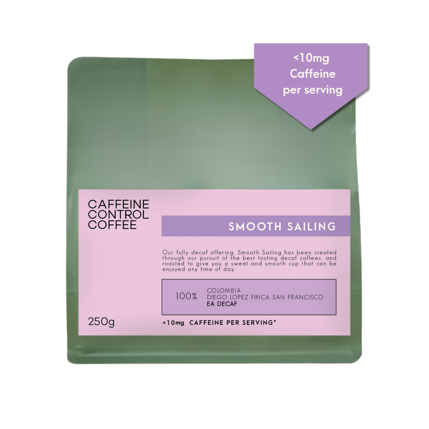 Caffeine Control Coffee package with green and purple design on a white background