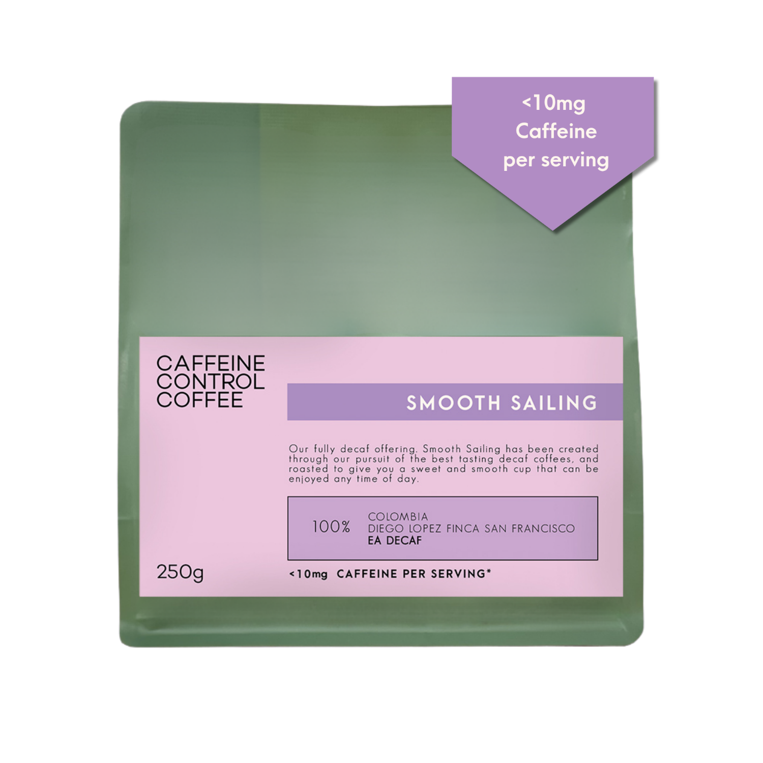 Caffeine Control Coffee package with green and purple design