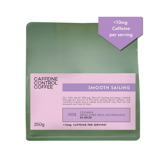 Caffeine Control Coffee package with green and purple design