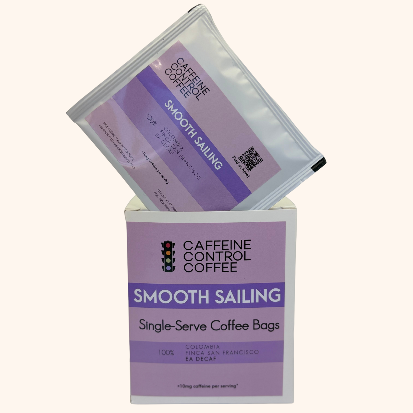 Caffeine Control Coffee 'Smooth Sailing' single-serve coffee bags with packaging on a white background