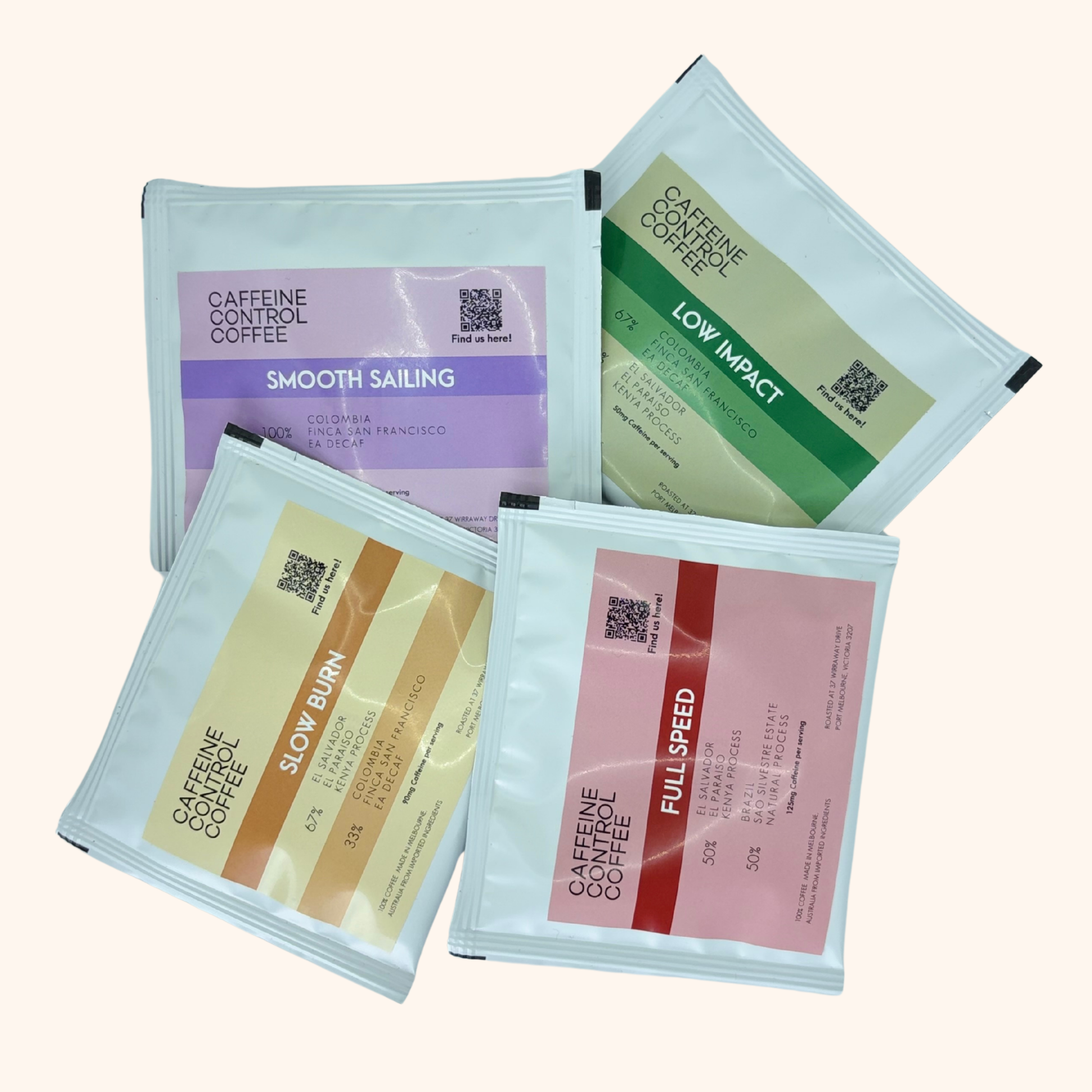 Four packets of Caffeine Control Coffee with different color schemes and text on a white background.